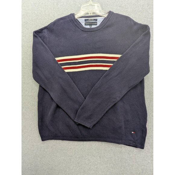 Tommy Hilfiger Sweater Mens XL Navy Cotton Crewneck Rib Knit Stripe Flag Logo - Picture 1 of 8